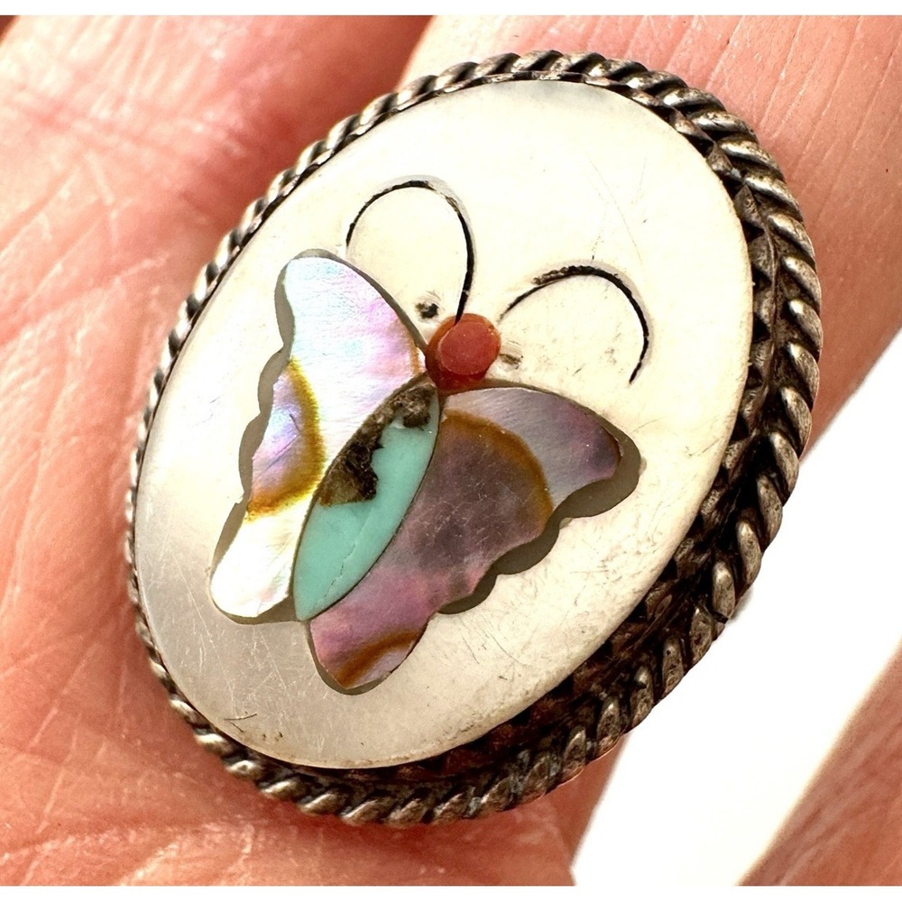 VTG Navajo Inlay Butterfly Ring Sz 6 Sterling Turquoise Multi Stone Bug Fine